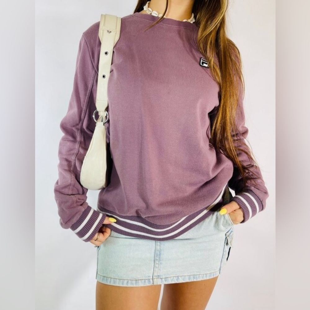 FILA Purple Cuff & Hem Striped Crewneck Pullover Sweatshirt Women